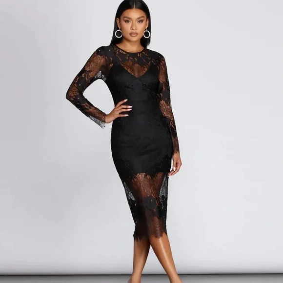 knee length dresses for ladies Black Lace Midi Dress – Scalloped Edge, Elegant Cocktail Attire 12 US / 46 EU